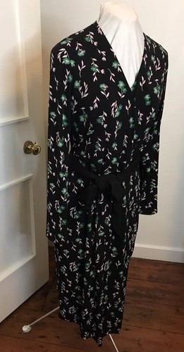 M&S Collection Black Pink Green Floral Mock Wrap Lined Dress Size 14 Reg NWT - Picture 3 of 14