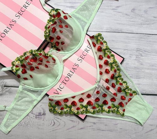 Victoria’s Secrret Wicked Unlined Strawberry Embroidery Balconette Bra Set Mint - Picture 1 of 4