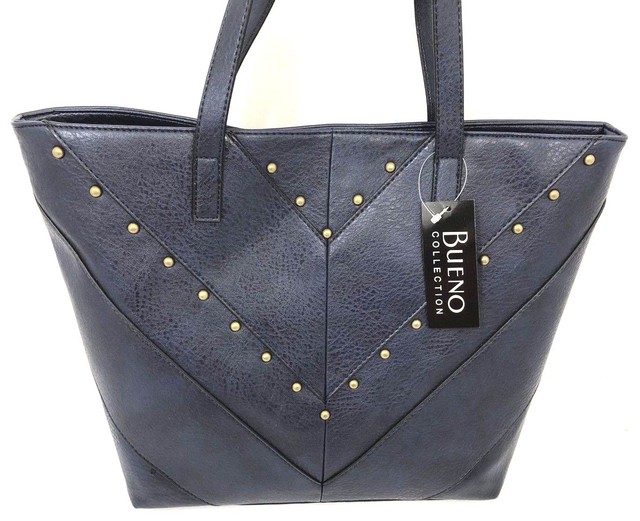 Womens Handbag Designer Bueno Collection Shoulder Lg Sized Navy Gold Studs New