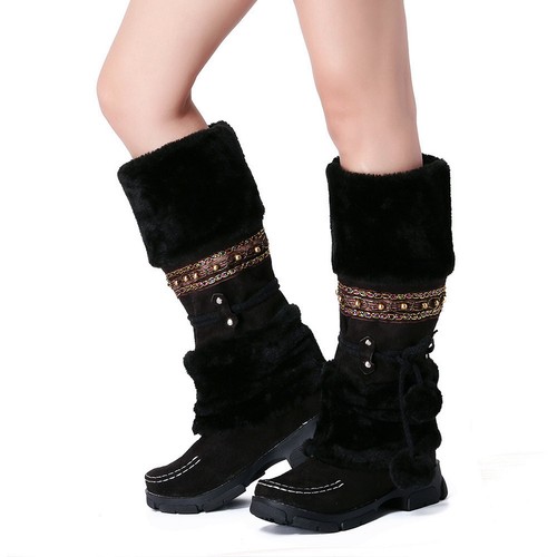 Women Slip On Booties Girls Mid Heels Round Toe Wnter Hairball Warm Shoes Boots - Picture 16 of 36
