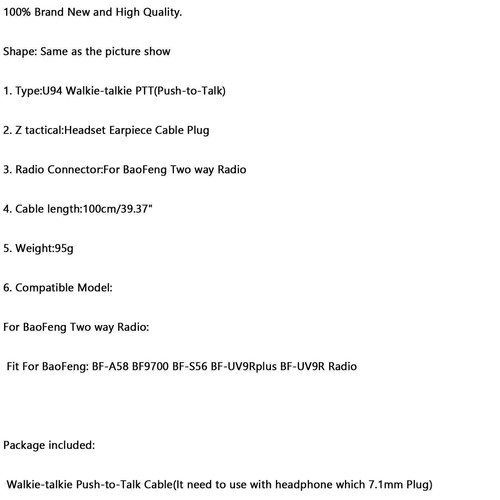 1x PTT Push-To-Talk Headset for BaoFeng BF-A58 BF9700 BF-S56 BF-UV9Rplus S8 - Zdjęcie 7 z 7