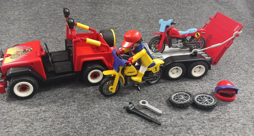 Vintage Playmobil roter Jeep mit Anhänger Dirt Bike Motorcross #3754 unvollständig