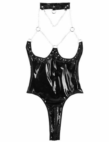 Damen Lack Leder Bodysuit Body Stringbody Neckholder Unterwäsche Dessous Sexy - Bild 9 von 14
