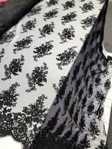Black Beaded Lace Fabric Embroidery By The Yard Prom Dress Scalloped Floral Lace - Picture 3 of 16