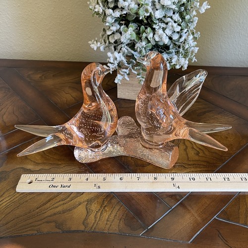 Murano Style Pressed Art Glass 12.5" x 6.5" Love Birds On Branch Peach Bubbles - Picture 8 of 8