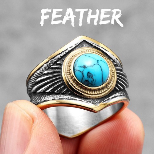 Gemme Lusso Uomo Anelli Acciaio Inox Turchese Anello Retro Classico Ring - Foto 4 di 10