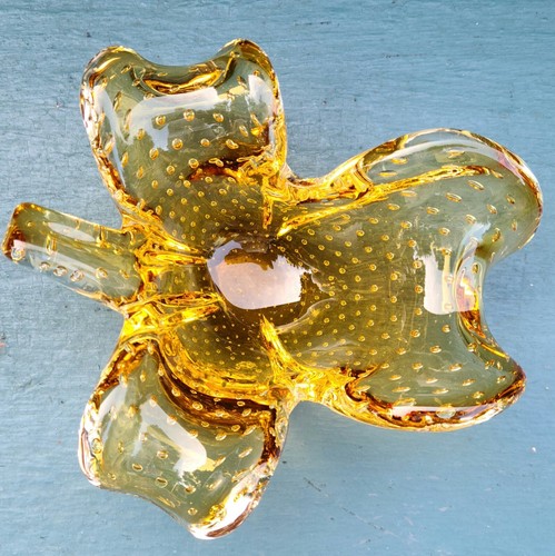 Murano Kunst Glas Bernstein Bullicante kontrolliert Blasenfreie Form Kleeblatt Schale - Bild 8 von 9
