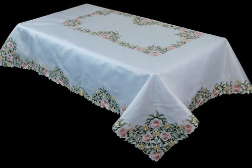 54x72" Rechteckig Bestickt Floral Rose Polyester Stoff Tischdecke 6 Servietten - Bild 1 von 11