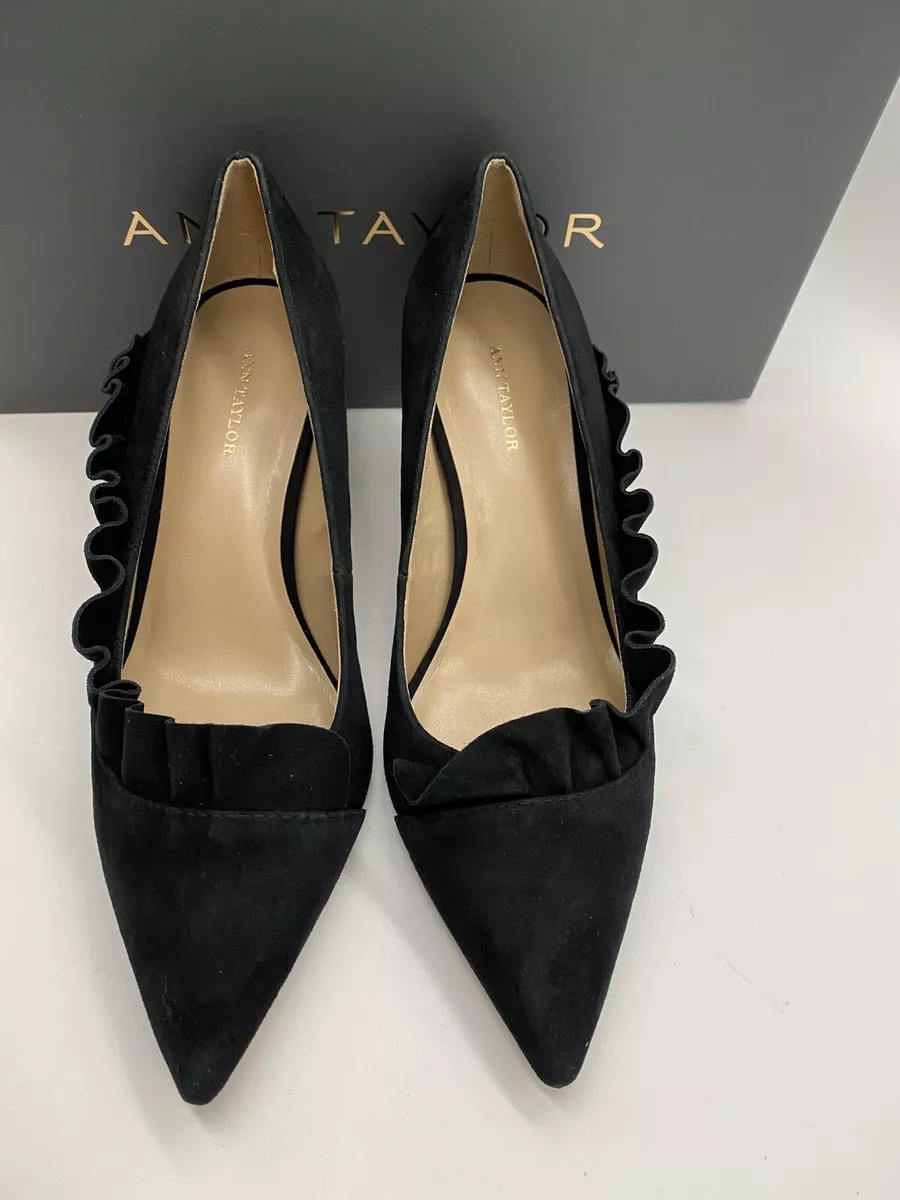 Ann Taylor Womens Shoes Size 6 .5 Black Suede Ruffle KItten Slip