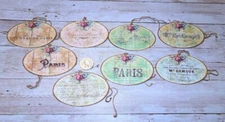 8~Vintage~Paris~Shabby~Oval Shaped~Junk Journal~Linen Cardstock~Gift~Hang~Tags