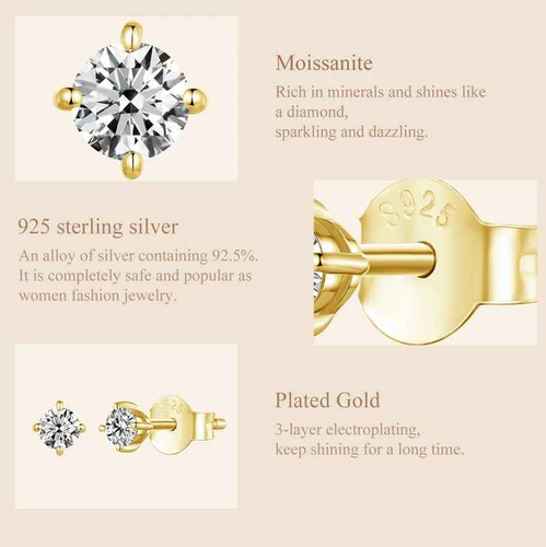 3mm Real D Color VVS1 Moissanite Stud Earrings 18k Yellow Gold Plated Ear Studs - Picture 6 of 11