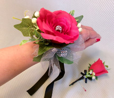 Wrist Corsage Men's Corsage Red Black Silver Prom Wedding 2 PC NEW USA SELLER