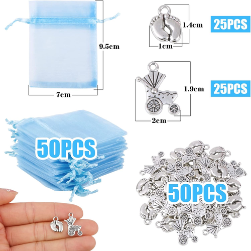 50 Sets Taufe Deko Junge Miniatur Anhänger Metall Blau Organza Beutel - Bild 2 von 10