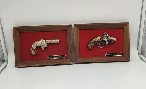 Set of 2 Vintage Framed 3-D Art Copies Derringers Guns Red Matte Japan