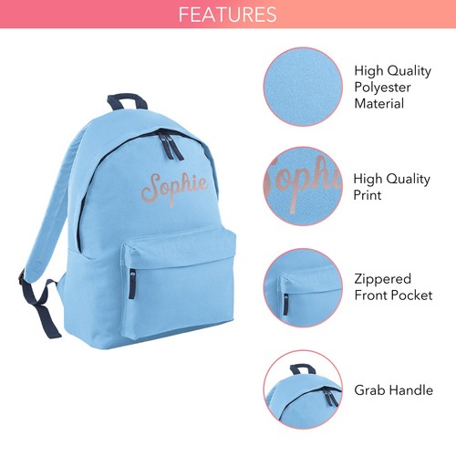 Personalised School Backpack in SkyBlue With Custom Name For Kids Or Childrens - Picture 3 of 6