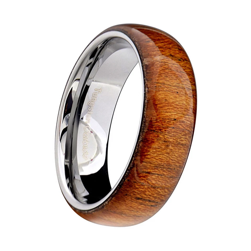 Alianza de boda de carburo de tungsteno de 8 mm para hombres y mujeres anillo regalo de Navidad cúpula de madera de koa Foto 3 de 4