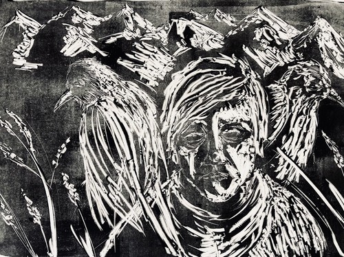 Enigmatic Figure Birds & Mountains 26" Moody Human Face Evocative Portrait Art - Picture 1 of 4