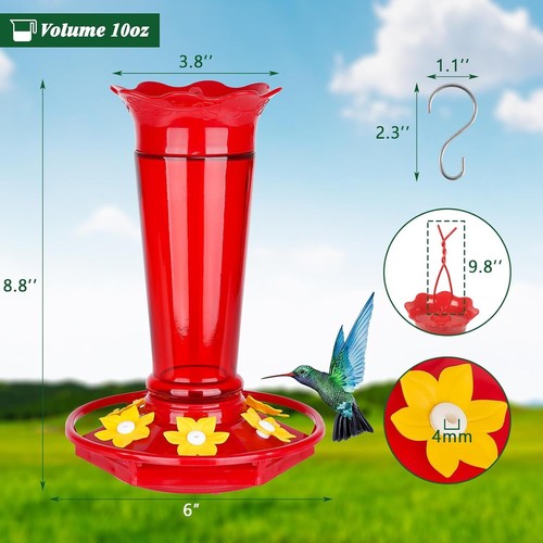 Glass Hummingbird Feeders 10oz 2 Pack for Outdoors Hanging Ant & Bee Proof Red 1 - Picture 2 of 6