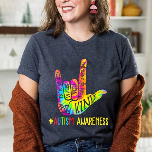 Be Kind ASL Love Sign Language Hand Autism Awareness Tie Dye Unisex T-Shirt - Picture 2 of 23