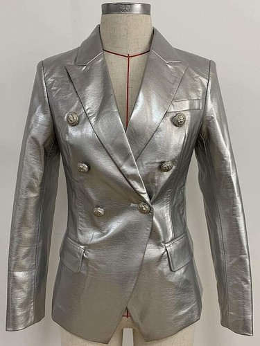 Womens Silver Leather Blazer Formal Pure Lambskin Leather Coat - Picture 3 of 6