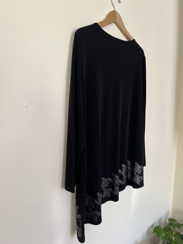Susan Graver Womens Black Top 1XL Long Sleeve High Low Grandmacore Rhinestone - Picture 7 of 23