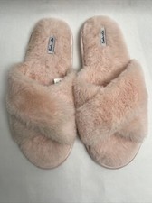 Splendid Fluffy Faux Fur Crisscross Peep Toe Slippers in Crystal Pink Size M/L