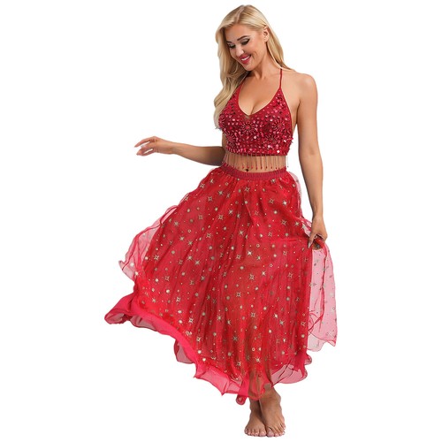 Set Spettacoli Costume Donna Festa Crop Top E Gonne Tulle Senza Maniche Self-Tie - Foto 10 di 78