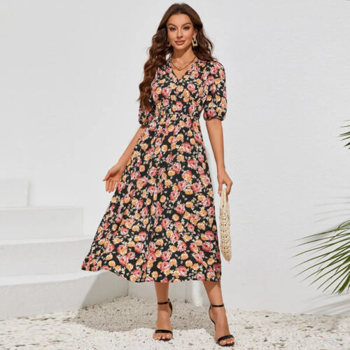 Womens Floral Print Spring High Waist Dress Elegant Female Maxi Long Dresses - Picture 25 of 36