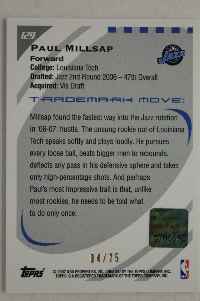 Tarjeta #129 firmada por Paul Millsap Utah Jazz autógrafo novato #/75 2007 Topps Foto 2 de 2