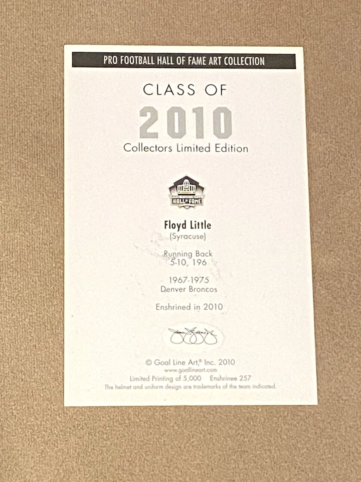 Floyd Little signed Denver Broncos HOF 2010 Goal Line Art Card JSA GLAC - Image 2 of 2