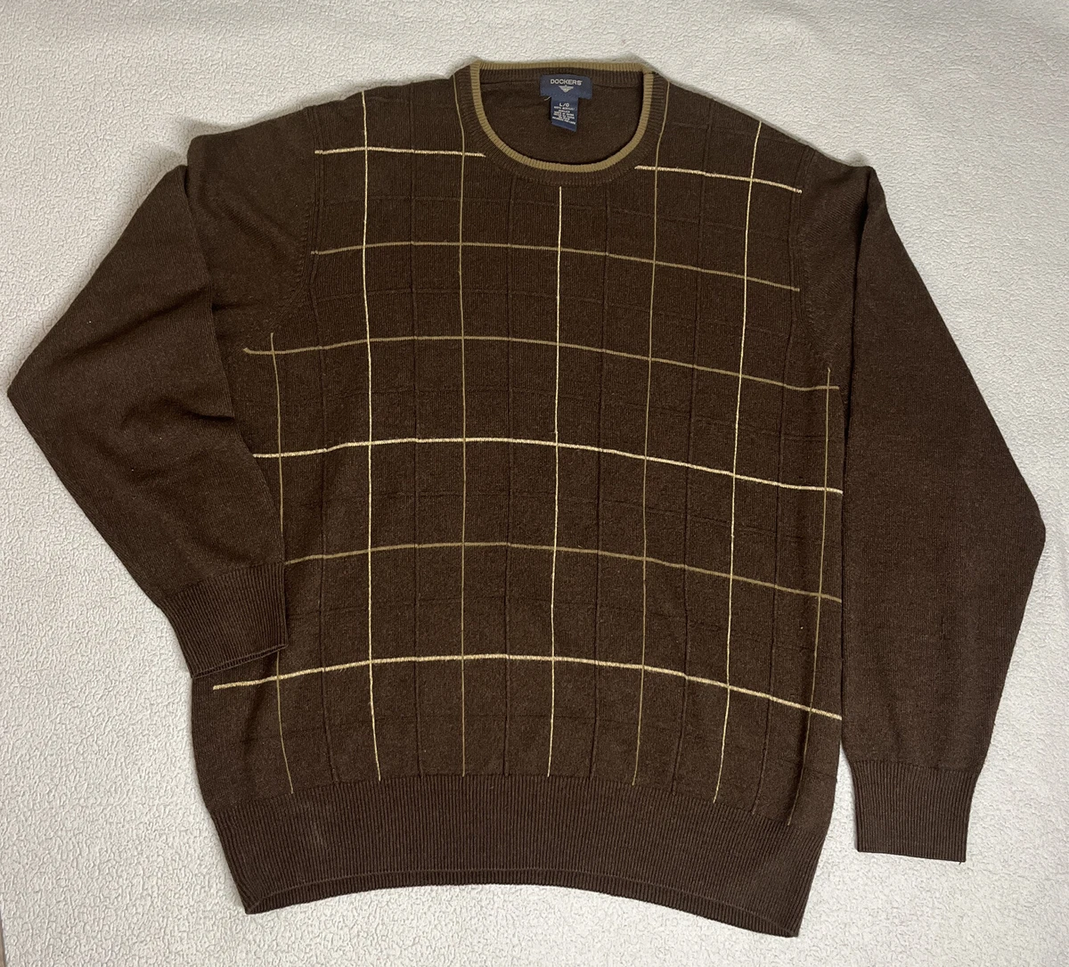 Dockers Men s Sweater Casual Long Sleeve Brown Checkered Sweat Shirt Large