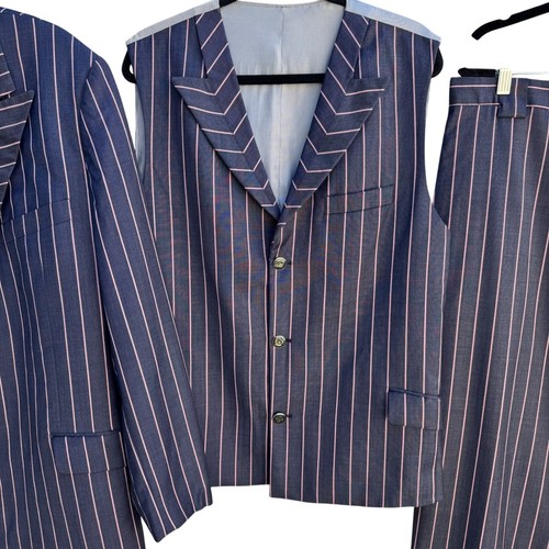 Sergio Valentino Diamond 150s Wool 3-Piece Navy Pinstripe Suit Blazer Vest Pant - Picture 3 of 21