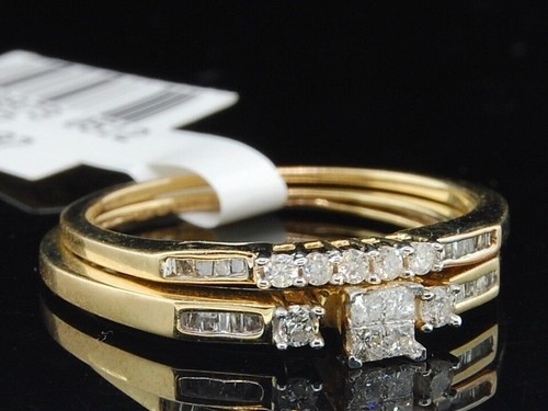 Moissanite Engagement Wedding Set 10K Yellow Gold Plated Princess Bridal Ring - Picture 2 of 6