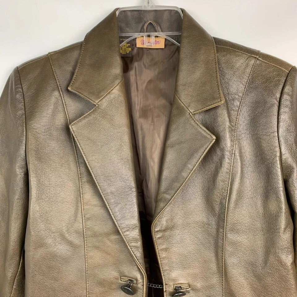 Wrangler Jacket Brown Leather Collared Chain Buttons Pockets Lined Size S - Image 4 of 4