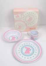 Vintage Hallmark Melamine 3 Pc Babys First Serving Set Plate Bowl Mug Pink Bunny