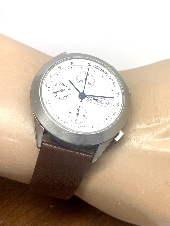 Reloj Hombre Diseño Momo Suizo Automático Cronógrafo Esfera Blanca Correa Cuero 40mm Foto 4 de 4