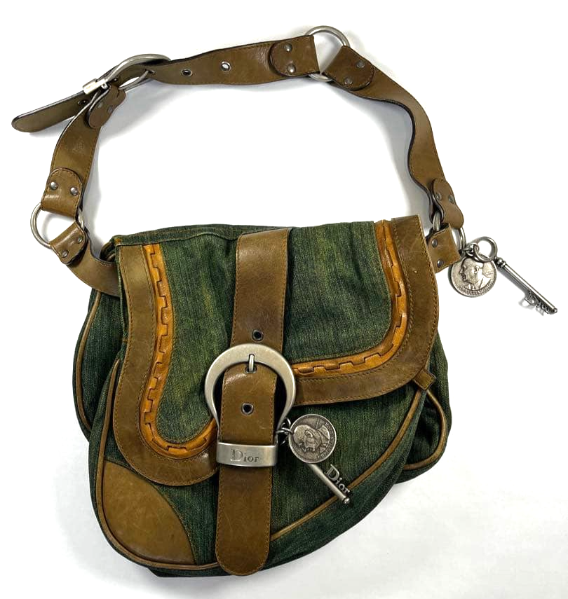 Dior Gaucho Shoulder Bag Denim Leather Brown Silver Vintage
