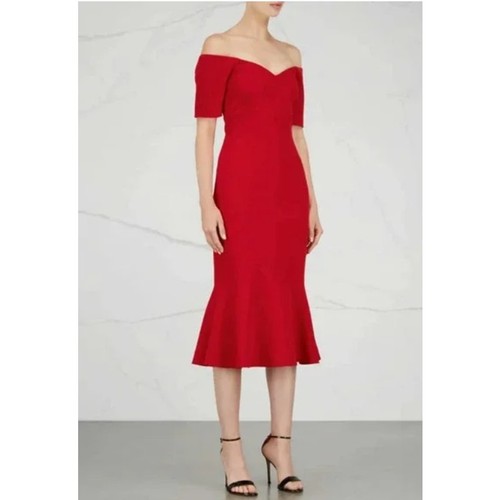 Cinq à Sept Marta Off Shoulder Red Midi Dress Ruffle Hem Womens 10 NEW Cocktail - Bild 3 von 15