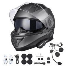 AHR Modular Flip up Full Face Helmet w/ Motorcycle Bluetooth Headset 2 Visors XL