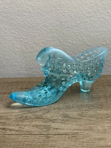Vintage Fenton Glass Shoe Slipper Hobnail Blue Turquoise Opalescent Cat Head