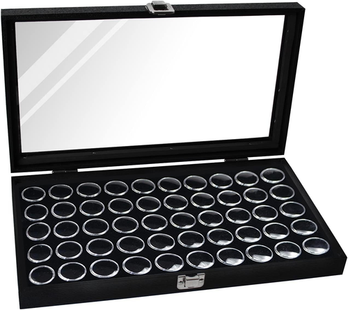 Black Glass Top Jewelry Display Case Box 50 Gem Jars, Ring Box, Jewelry Organize - Picture 3 of 8