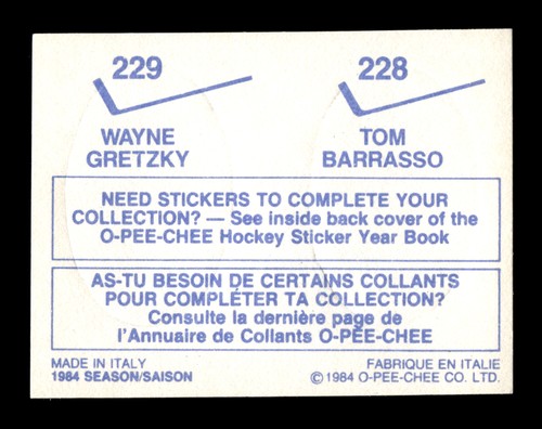 Pegatinas dobles O-Pee-Chee 1984 Tom Borrasso/Wayne Gretzky #228/#229 BUF/EDM - Imagen 2 de 2