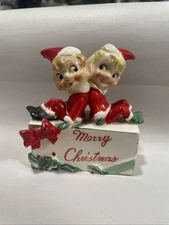 Rare VTG Kreiss Elves Pixies Sitting On Present Gift Merry Christmas Santa Hats
