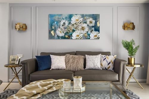 Flowers Canvas Wall Art White Elegant Modern Teal Picture Gold Foil Rustic - Picture 3 of 7