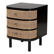 Pemberly Row Black Bayur Wood and Rattan 3-Drawer End Table Nightstand