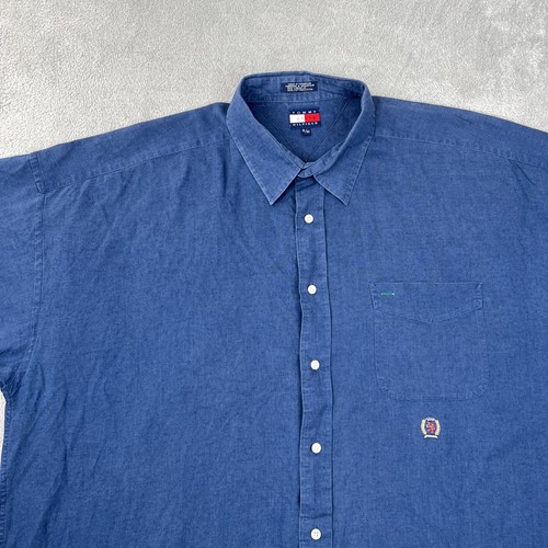 Camicia Tommy Hilfiger vintage uomo XL lino baggy stemma logo manica corta blu Y2K - Foto 3 di 12