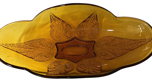 De colección Indiana Vidrio Ámbar Punteado Hoja Pies Elevados 950s - Imagen 2 de 5