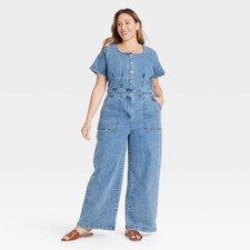 Women's Short Sleeve Button-Front Jumpsuit - Ava  Viv Medium Wash 24: