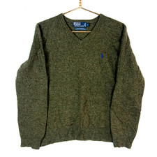 Vintage Polo Ralph Lauren Lambs Wool Knit Sweater Large Green V-neck 90s