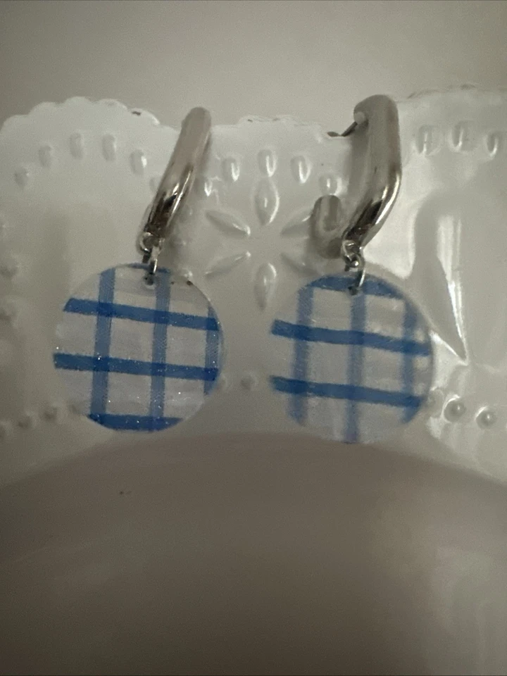 Pendientes de acrílico J CREW azul picnic a cuadros blanco brillante dorado OFERTA 4 CARIDAD ❤️343 Foto 2 de 4